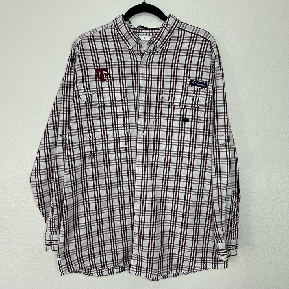 Columbia PFG Texas A&M Aggies‎ Super Bonehead Plaid LS Shirt Men's Size Large
